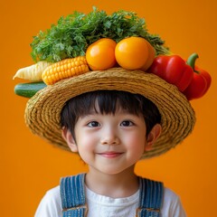 Boy wearing a straw hat filled with fresh vegetables promotes healthy eating for kids and showcases the joy of nutritious foods