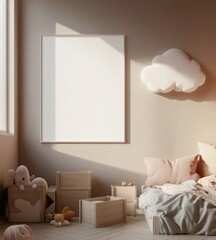 Sunlit nursery with blank canvas, cloud decor, and wooden storage.