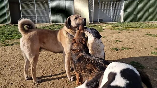 A small mixed breed jackal hybrid rescue dog is submissively licking the face of a dominant large Kangal dog on a field in front of the kennels at an animal rescue and sanctuary 