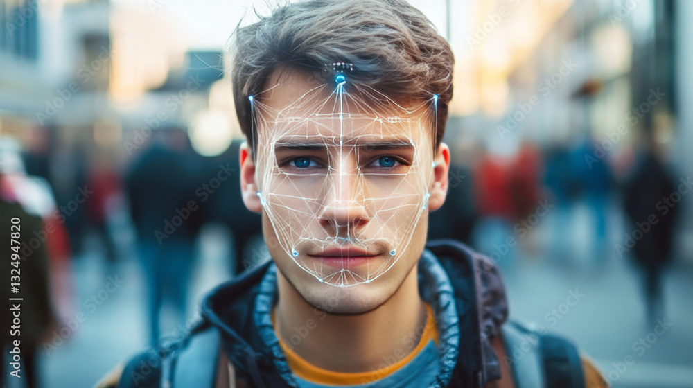 Poster face id technology - abstract concept. 3d scan face and recognition person user. smartphone identifi