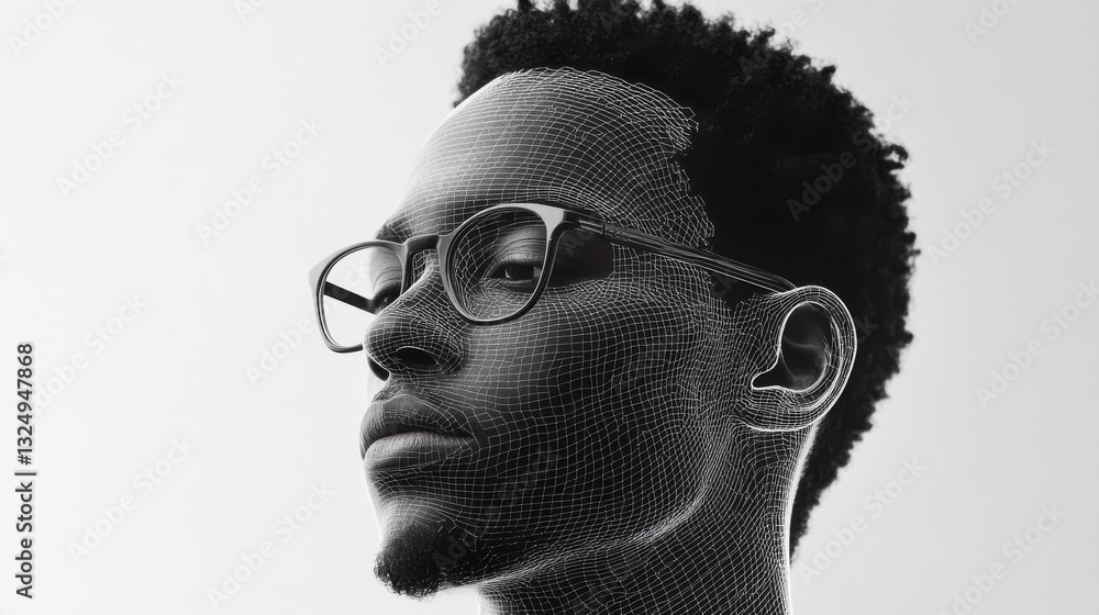 Poster face id technology - abstract concept. 3d scan face and recognition person user. smartphone identifi