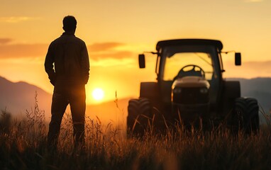 Silhouette of Man and Tractor at Sunset