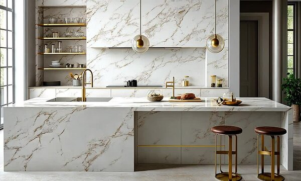 Modern kitchen interior featuring marble countertops, stylish pendant lights, and organized shelves