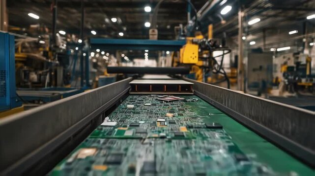 Electronic waste components are traveling on a conveyor belt in a recycling facility, showcasing an innovative approach to waste management and resource recovery