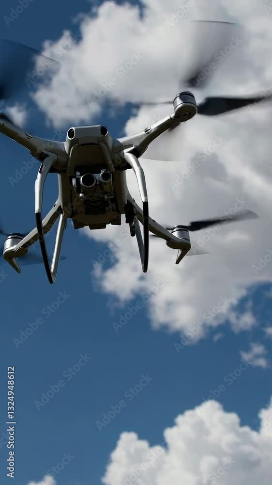 Poster drone hovering under blue sky with white clouds captured in high resolution slow motion