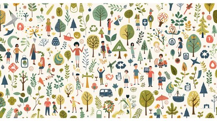 Creative vector design of Earth Day festivities with modern eco patterns renewable energy icons and artistic representations of community members engaging in tree planting and recycling initiatives