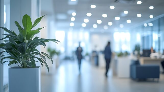 Potted Plant on Desk in Modern Office, A potted plant on a desk in a modern office with blurred background