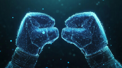 Blue abstract 3d isolated MMA gloves
on innovation technology background. Low poly wireframe digital vector. Polygons, lines, particles, and connected dots.
Martial arts futuristic concept.