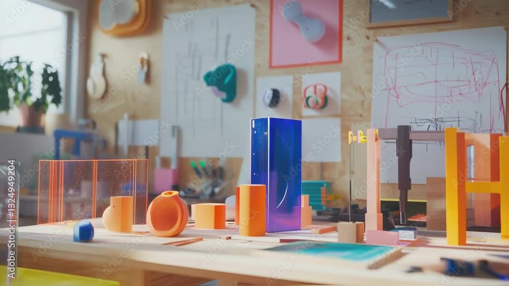 Poster colorful resin and plastic objects are displayed on a wooden table in a modern workshop, showcasing 