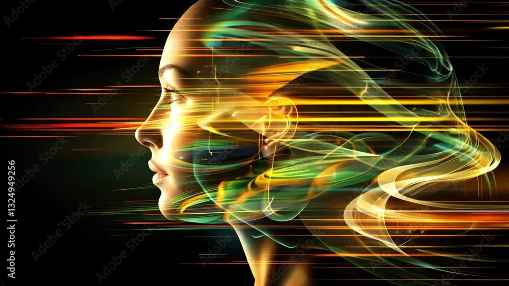 Aufkleber futuristic digital artwork of woman profile with vibrant flowing lines representing speed and motion