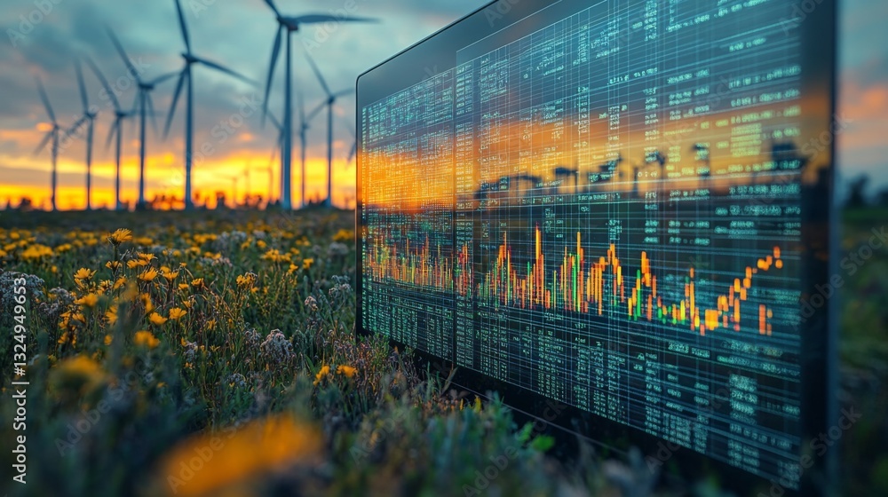 Aufkleber A vibrant display of data analytics in front of a field of wind turbines at sunset. The graph showcases renewable energy trends amidst blooming flowers.
