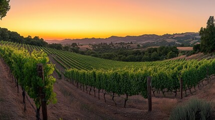 Naklejka premium Vineyard at sunset showcasing lush green vines and a warm orange sky in a scenic landscape