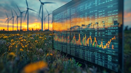 A vibrant display of data analytics in front of a field of wind turbines at sunset. The graph showcases renewable energy trends amidst blooming flowers.