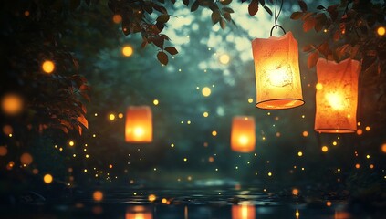 Obraz premium Enchanted evening: Glowing lanterns illuminate a serene riverbank, fireflies dancing in the twilight.