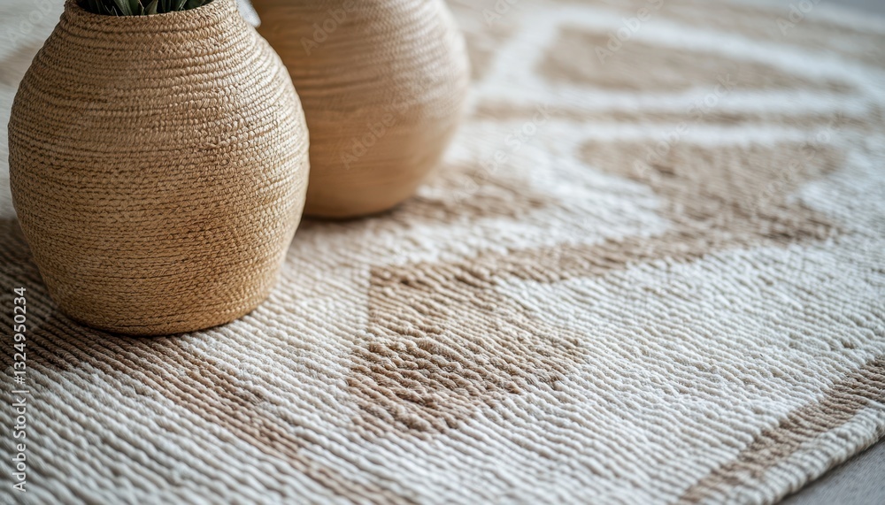 Poster two woven vases placed on a textured rug with artistic patterns in a cozy living space