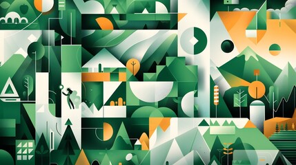 Creative vector design showcasing Earth Day energy with geometric green patterns renewable icons and stylized community figures engaged in eco friendly activities in a harmonious setting