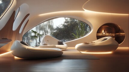 Fototapeta premium Futuristic Living Room Design: Organic Curves and Tranquil Views