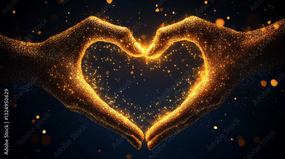 Poster low poly illustration of the love shape hands with a golden dust effect. sparkle stardust. glitterin