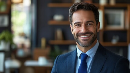 Fototapeta premium A professional businessman in a neat office environment, his blue tie and well-groomed hair reflecting attention to detail, smiling at his laptop screen, the desk and room exuding organization and fre