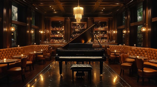 An upscale restaurant features an elegant grand piano as its centerpiece, surrounded by cozy leather seating. Soft lighting creates a warm, inviting atmosphere perfect for evening dining.