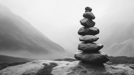 A balanced stack of stones sits in a misty mountain landscape