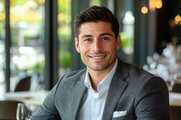 Obraz premium Charming Portrait of a Young Man with a Bright Smile Captured in a Modern Restaurant Setting Showcasing Confidence and Style