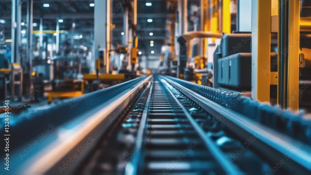 Poster automated production line conveying system transporting materials through large industrial factory s