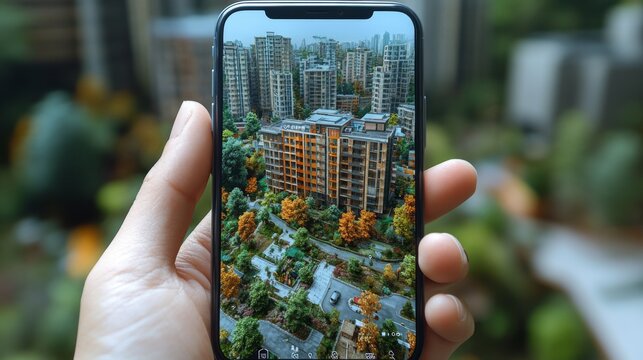 A hand holds a smartphone displaying a vibrant urban landscape.