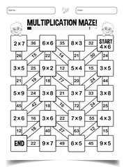 Multiplication maze puzzle worksheet for children
