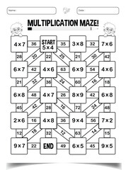 Multiplication maze puzzle worksheet for children