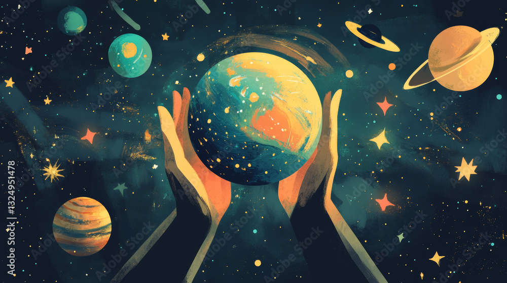 Poster abstract image of a holding global in hands in the form of a starry sky or space, consisting of poin