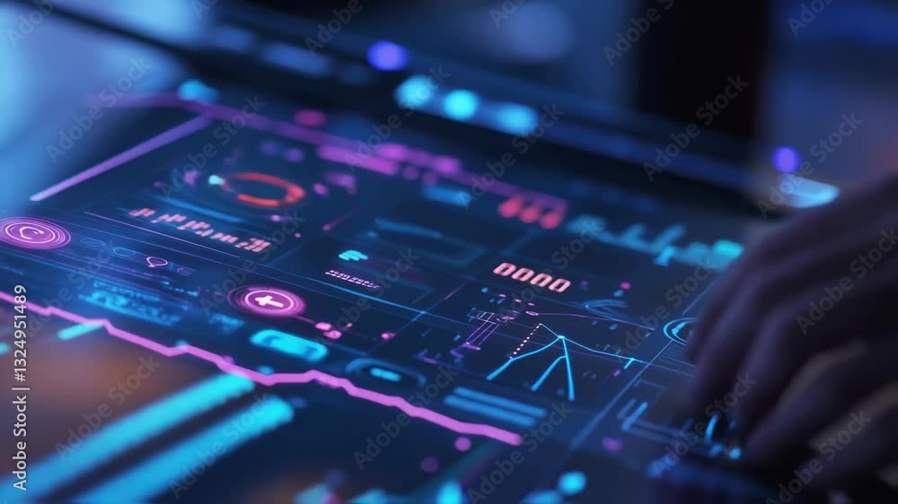Poster engineer uses a futuristic transparent touchscreen computer interface with an interactive holographi