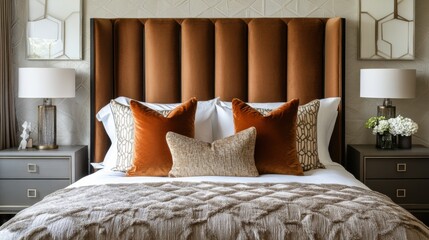 Luxurious Bedroom with Bold Velvet Headboard and Soft Textiles