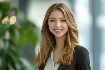 Fototapeta premium Bright and Cheerful Portrait of a Young Woman with Long Hair Smiling Naturally in a Modern Environment with Elegant Background