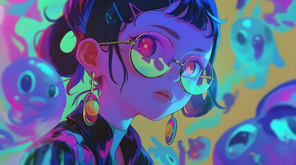 A vibrant digital illustration of a young woman with glasses, surrounded by colorful alien figures in a surreal setting