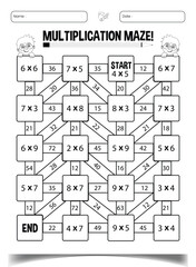 Multiplication maze puzzle worksheet for children