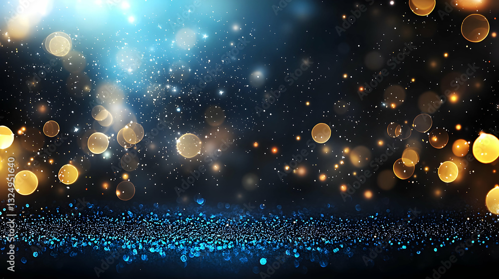 Poster dark blue glitter bokeh lights background with abstract golden festive twinkling lights and soft blu
