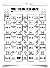 Multiplication maze puzzle worksheet for children
