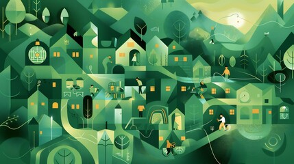Creative vector design showcasing Earth Day energy with geometric green patterns renewable icons and stylized community figures engaged in eco friendly activities in a harmonious setting