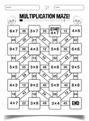 Multiplication maze puzzle worksheet for children