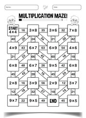 Multiplication maze puzzle worksheet for children