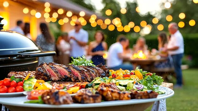 Lively backyard celebration featuring grilled meats and spirited dancing.