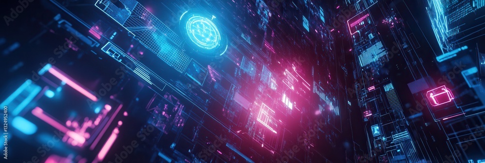 Poster futuristic digital landscape with augmented reality elements and smooth holographic textures for des