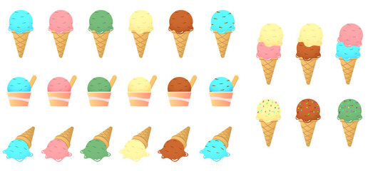 色々なフレーバーのアイスのイラストセット（コーン、カップ）