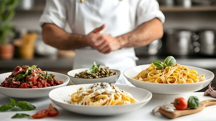Different delicious pasta on white background