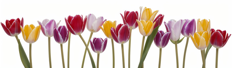 "Experience the elegance of spring.  
Vivid tulips gracefully arranged against a pure white background,  
highlighting the delicate beauty of seasonal blooms."