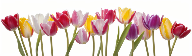 "Experience the elegance of spring.  
Vivid tulips gracefully arranged against a pure white background,  
highlighting the delicate beauty of seasonal blooms."