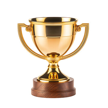gold tropy cup with plain solid handles and a wooden base on an isolated white background
