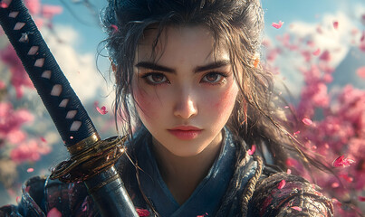 A warrior with a katana poses amid blooming cherry blossoms with an intent gaze under a bright blue sky