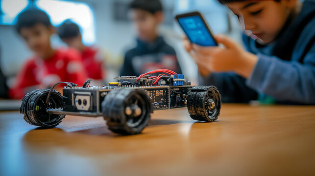 Phone controls the DIY robot car on microcontroller arduino. Teaching construction and programming to children. Smartphone wireless remote control of an electronic toy via internet. Conceptual banner.